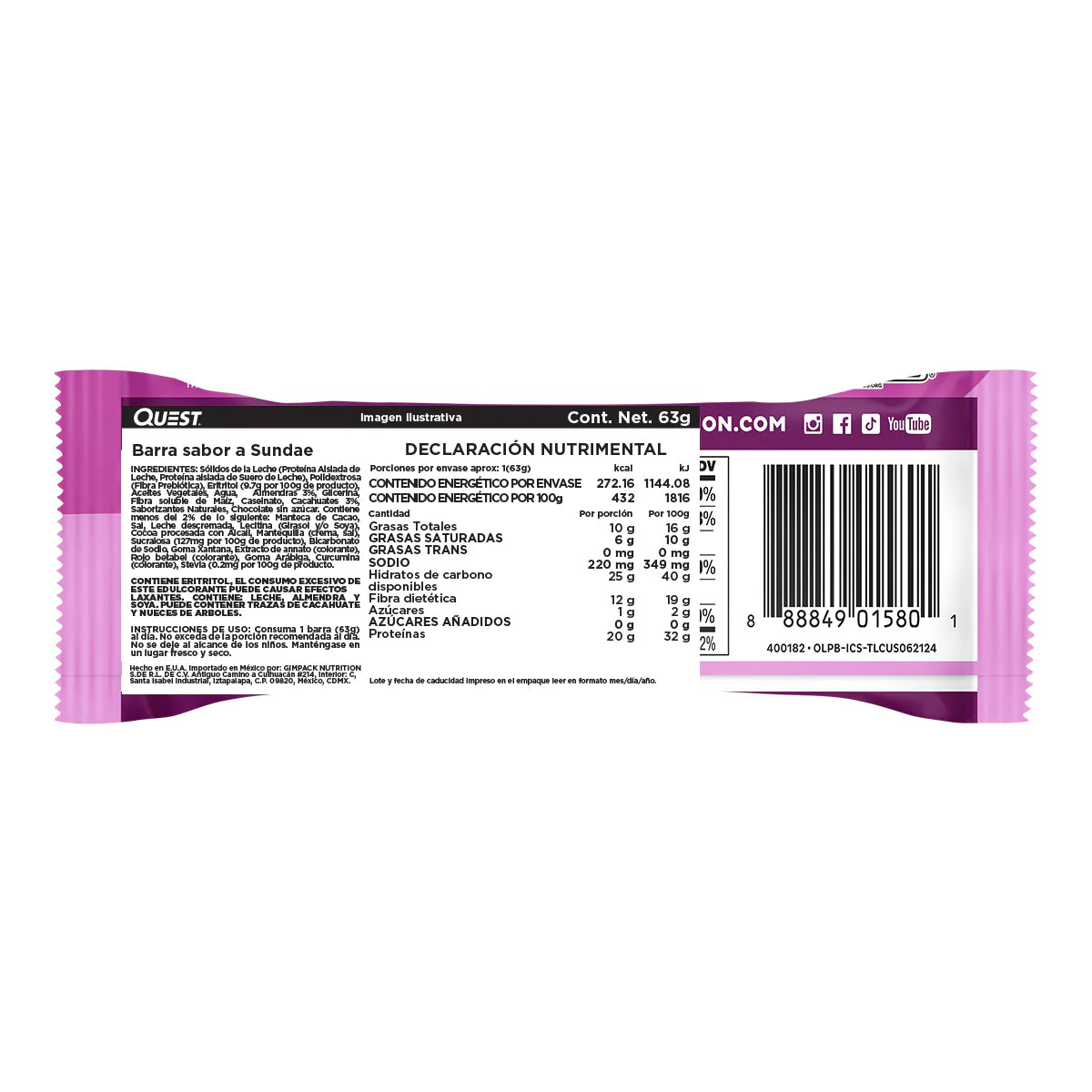 BARRA QUEST OVERLOAD SABOR SUNDAE 63 GR