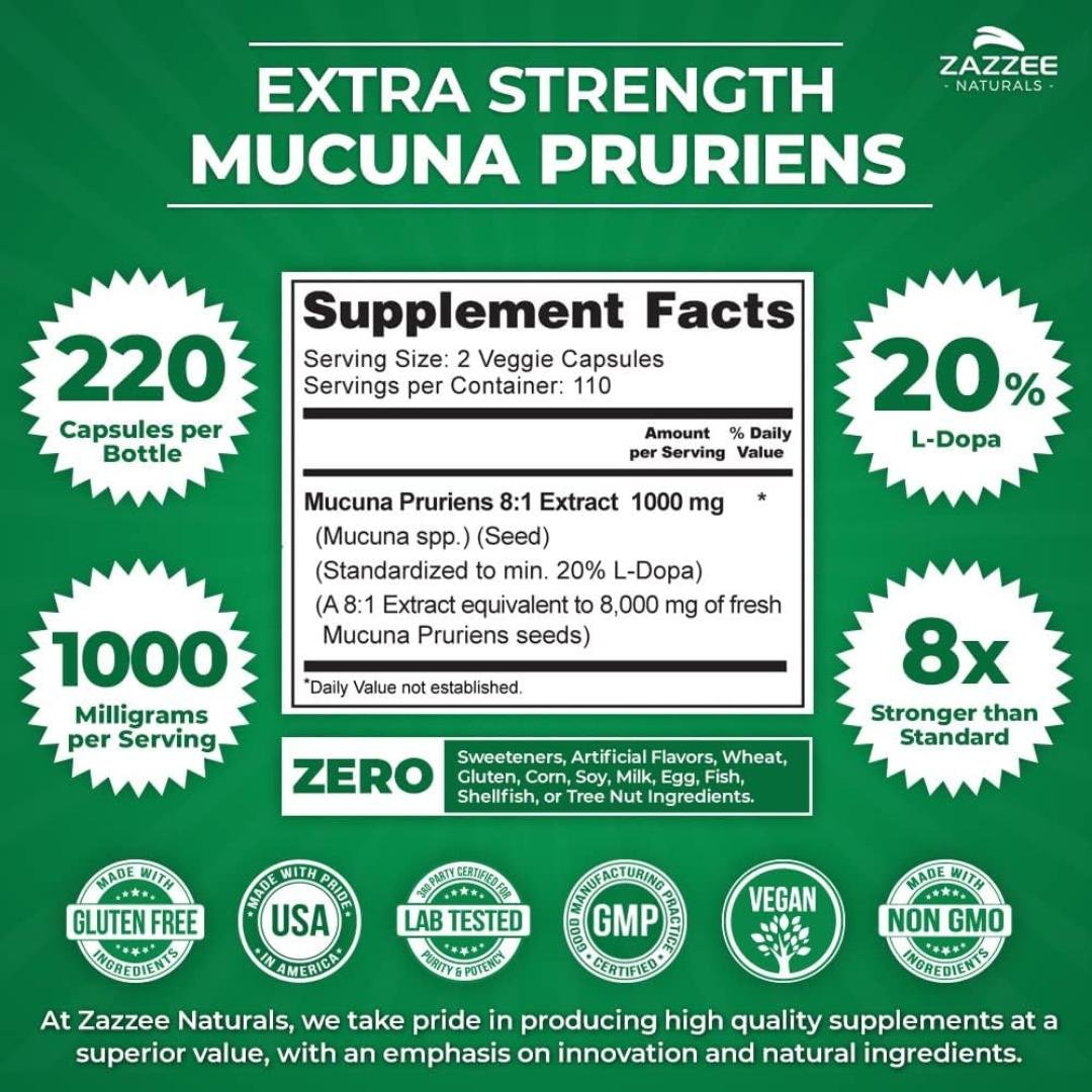 DOPA MUCUNA EXTRA FUERTE 1000MG / 220 CAPS ZAZZEE NATURALS