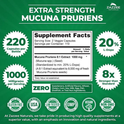 DOPA MUCUNA EXTRA FUERTE 1000MG / 220 CAPS ZAZZEE NATURALS