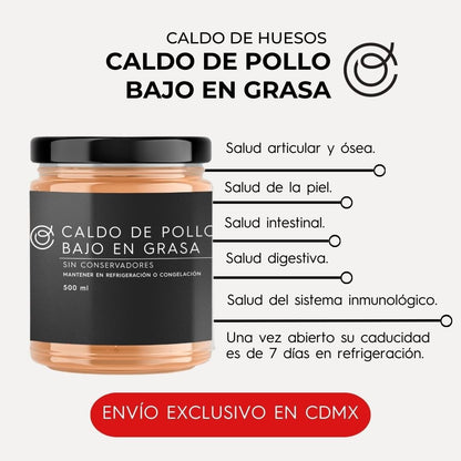 CALDO DE POLLO BAJO EN GRASA 500 ML · ENVÍO EXCLUSIVO EN CDMX ·