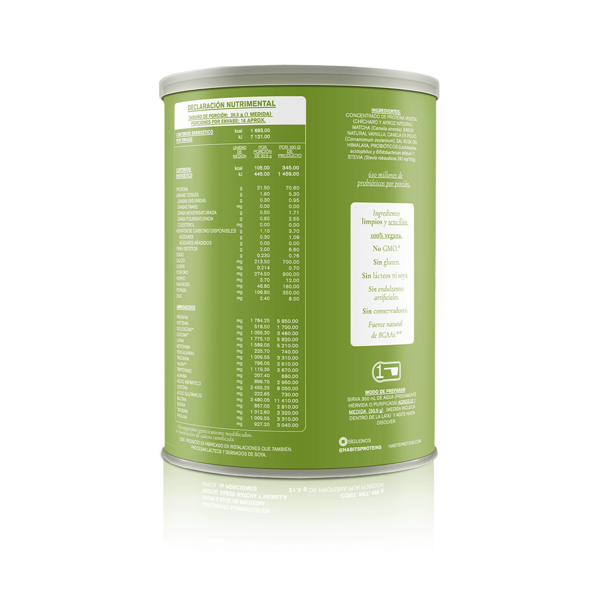 PROTEÍNA HABITS PROBIÓTICOS + SUPERFOODS MATCHA - VAINILLA 488 G - Oc Market